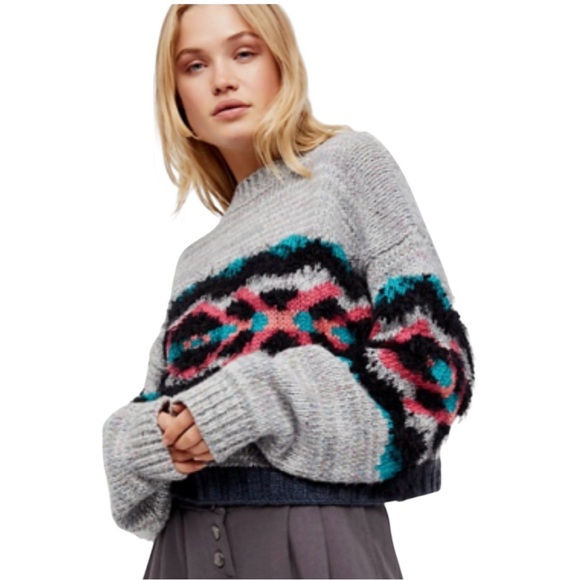 Free People I Heart You Wool Blend Cropped Aztec Print Sweater Grey Size Small - Picture 3 of 11